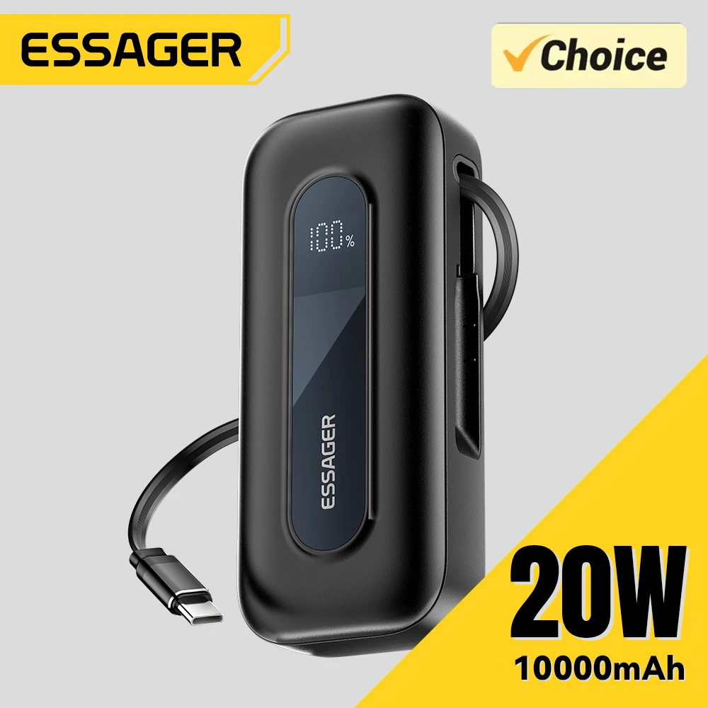 

Essager 20W Power Bank 10000mAh with Built-in Retractable Type-C Cable PD Fast Charging for iPhone 16 15Pro iPad Digital Display