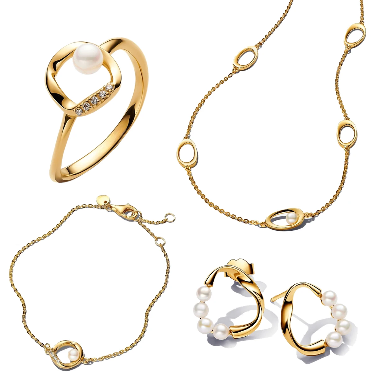 Nuevo Original de Plata de Ley 925, conjunto de joyería con pasador de perla Simple dorada, anillo, collar, pulsera, pendientes para mujer, regalo de San Valentín