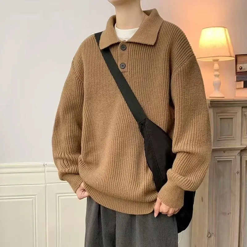 เสื้อสเวตเตอร์คอปกผู้ชาย สไตล์ฮ่องกง หลวมๆ ทันสมัย ใส่ได้หลายโอกาส แขนยาว สีพื้น สำหรับฤดูใบไม้ร่วงและฤดูหนาว