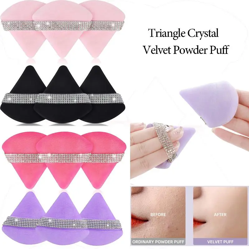 1/2/3Pcs Soft Triangle Velvet Powder Puff with Diamond Ribbon Washable Makeup Tool for Concealer  Daily Use