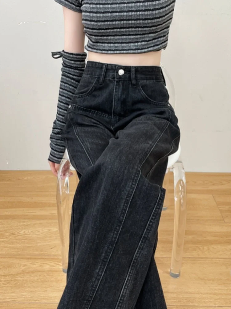 

High Waist Straight Leg Denim Jeans Women's Spring Autumn Small Size 150cm Lengthening Effect Nine Points XS Size Vintage Bla...