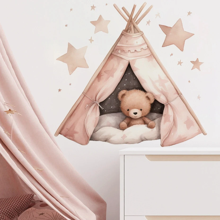 Simpatico cartone animato orsacchiotto stelle tenda adesivi murali per camera dei bambini camera da letto Nursery decorazione della casa