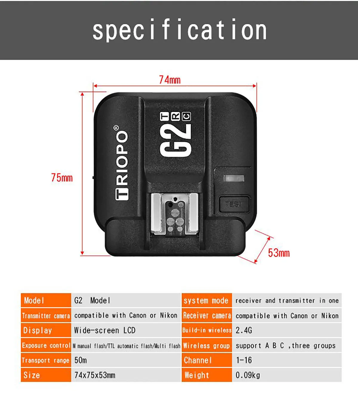 TRIOPO G2 Receptor de disparo sem fio TRIOPO G2 2.4G para TRIOPO TR-982 III R1 G1800 TR-950 II F1-200 F1-400 Flash Canon Nikon Camera