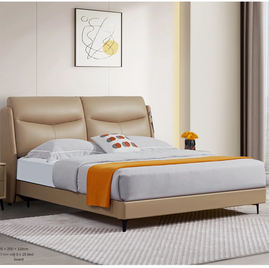 #Leather Bed Double and king Size Master Bedroom Solid Wood High Box Storage Bed Soft Pack Light Luxury Leather Modern Bed