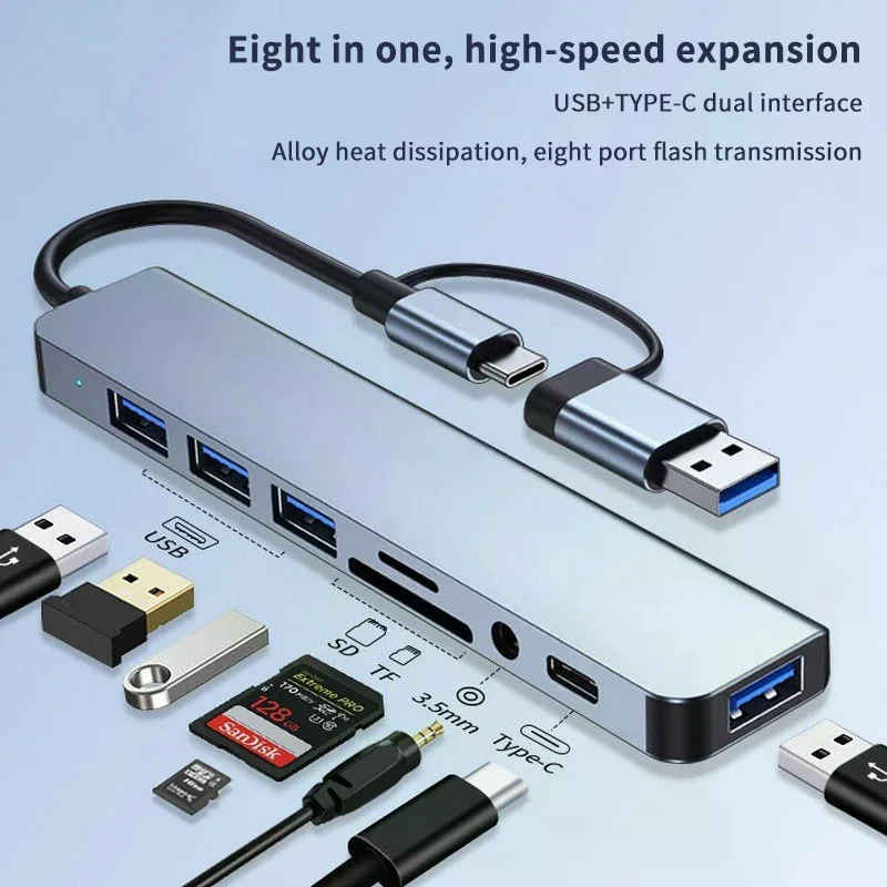 8 In 1 USB Type C HUB Docking Station With 3.5mm Audio Jack Adapter Micro TF  Card Reader For  Laptops Tablet Phone