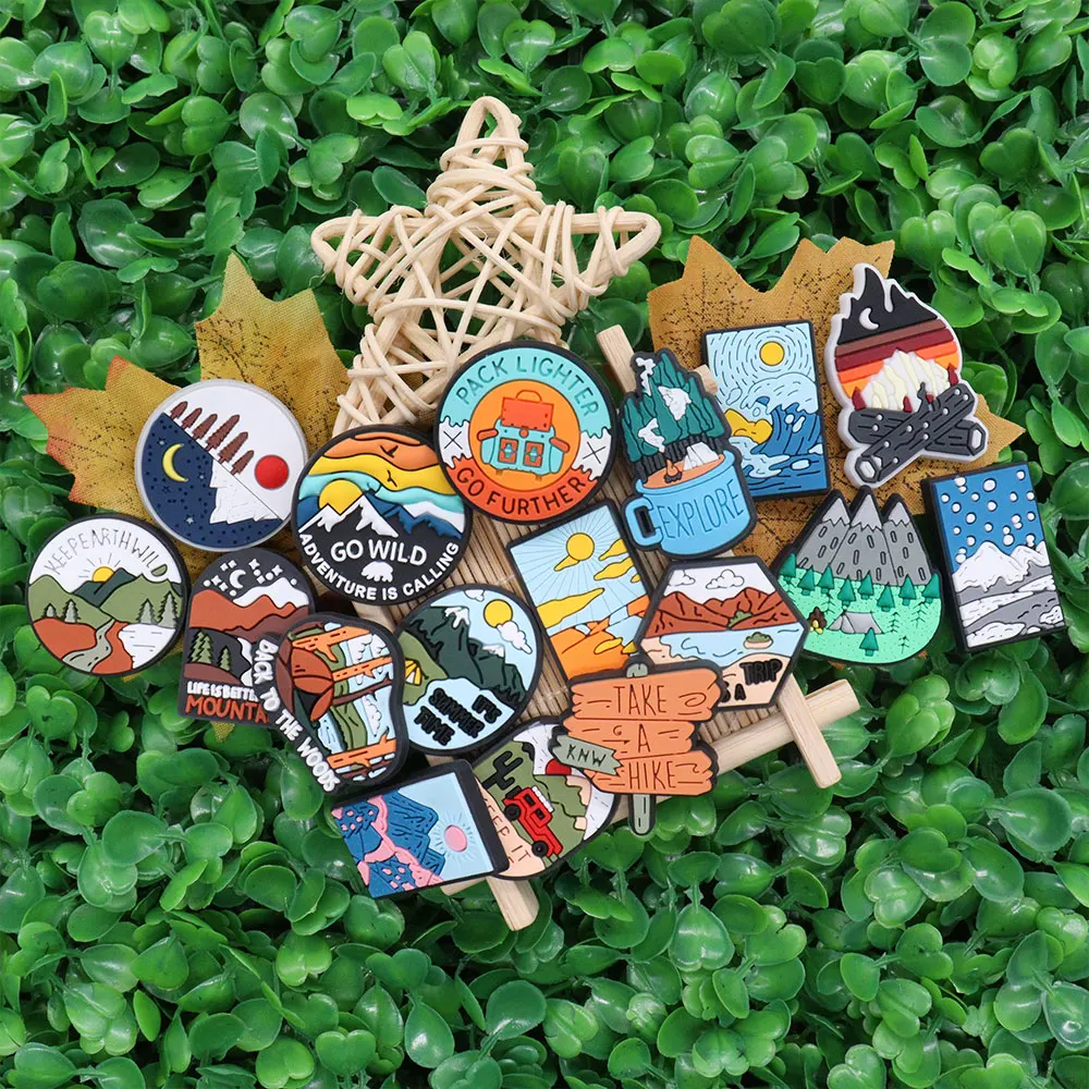 Mix 50pcs PVC Life Is A Trip Fire Hike Go Wild Adventure Keep Earth Pack Shoe Charms Children Designer Slippers Accessories