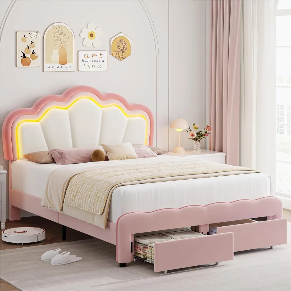 Queen Upholstered LED Bed Frame with Storage Drawers,Cute Girls Bed with Adjustable Lotus Headboard,Velvet Princess Platform Bed