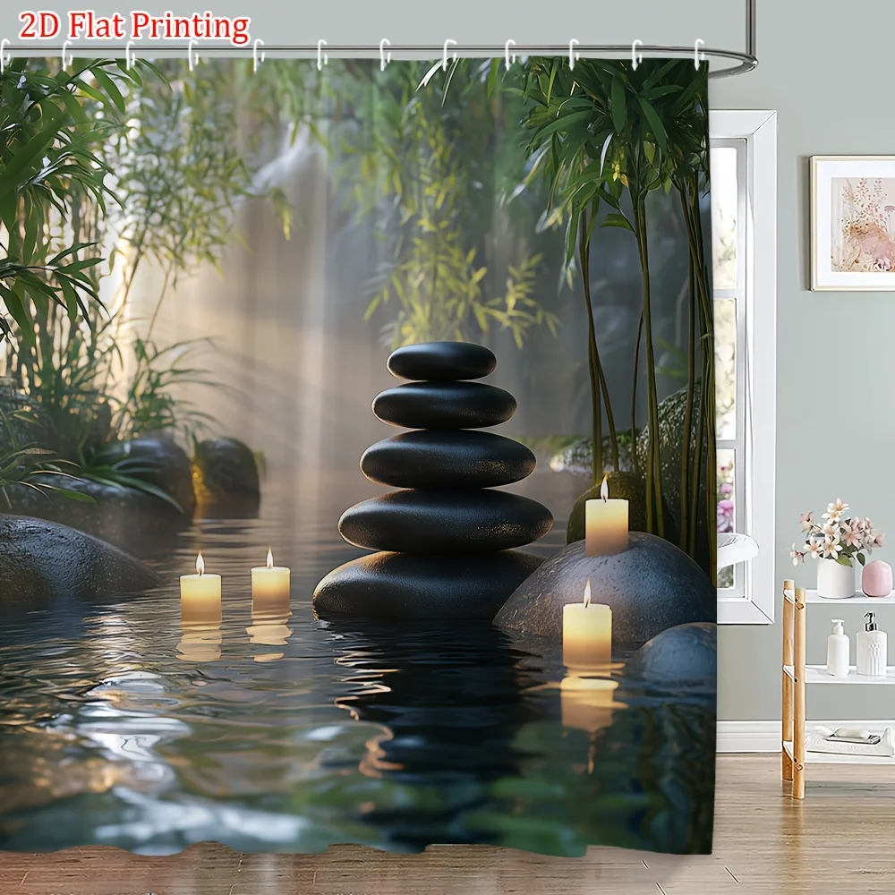 2D Flat, 2D Flat, 1pc of Forest-Themed Shower Curtain Featuring a Misty Landscape with Stone Stacks And Candles, Reflective Pond