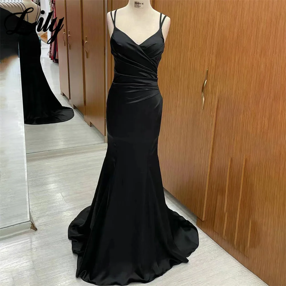 

Lily Black Stain Charming Prom Dress Gown Ruched Spaghetti Strap Formal Gown Trumpet Custom Size Evening Gown vestidos de noche