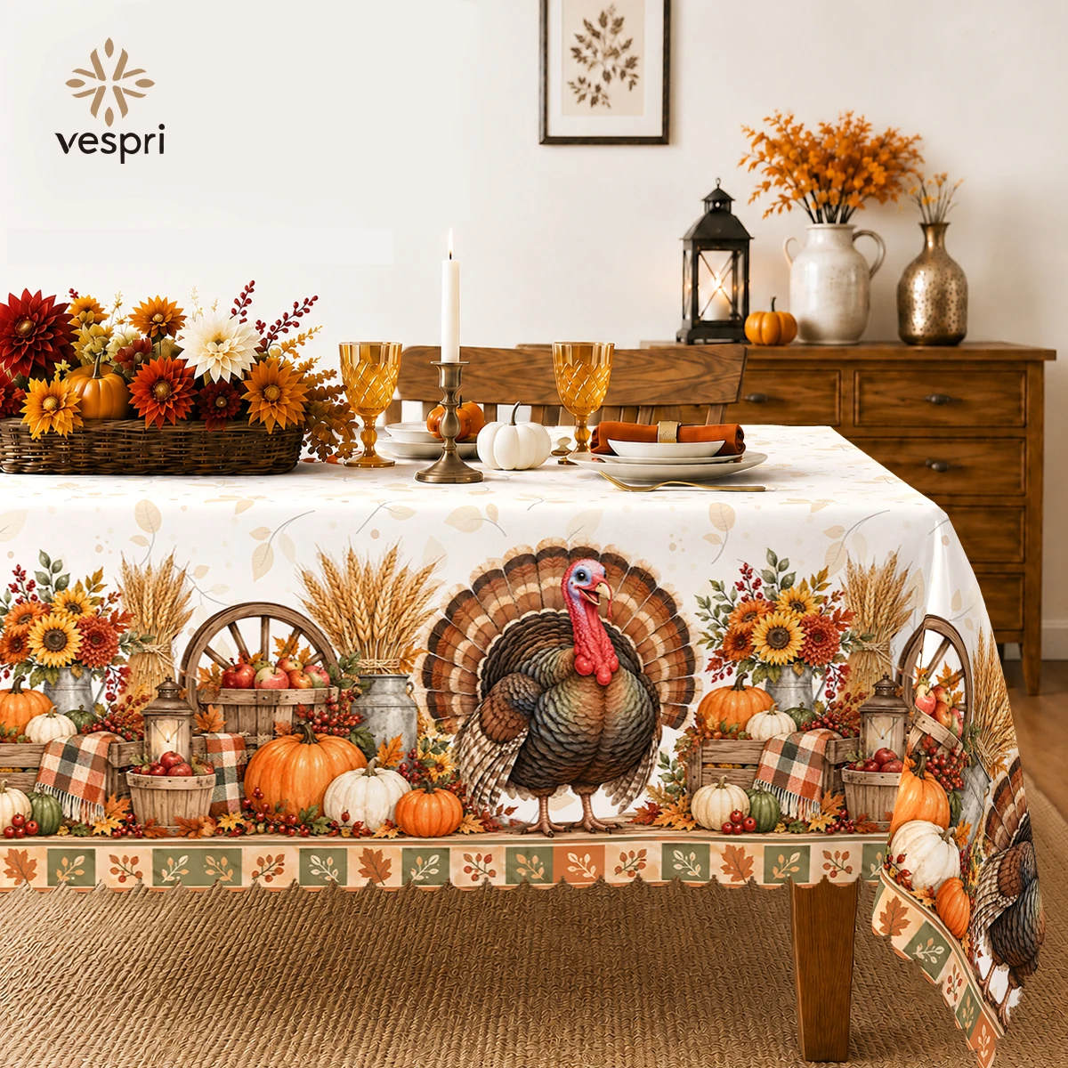 Festive Tablecloth with Turkeys & Sunflowers for Indoor/Outdoor Camping decor, Rectangular/Round/Oval