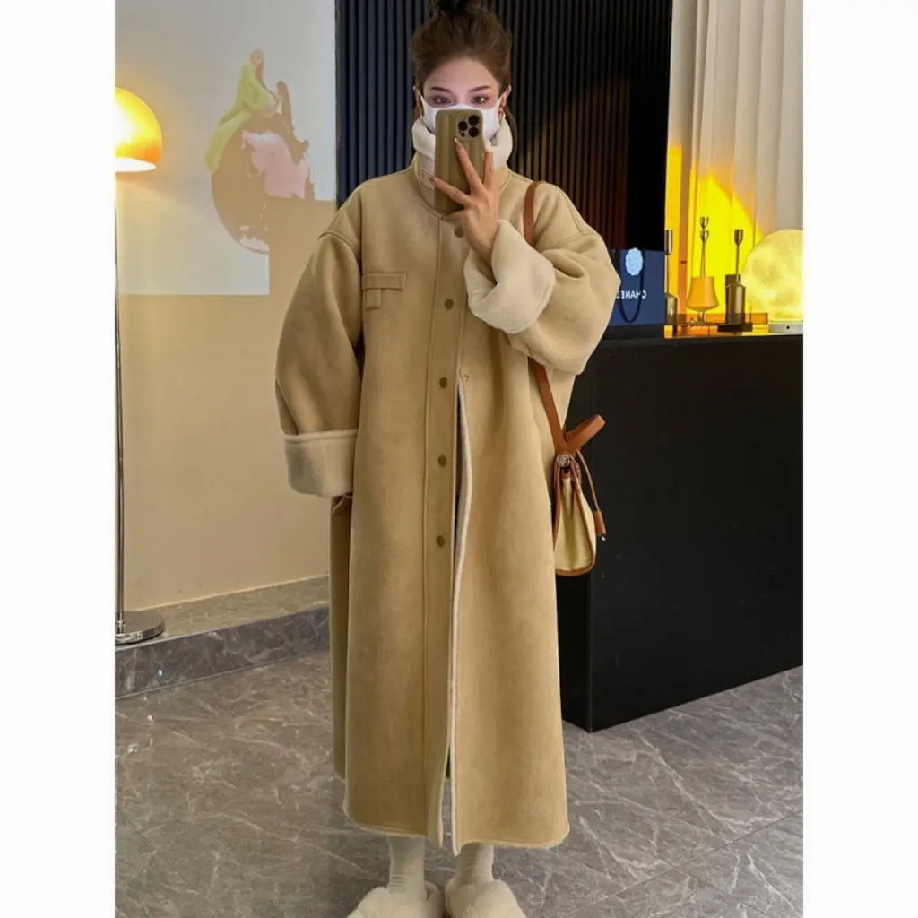 

Women's Winter Suede Long Motorcycle Coat Green Thickened One-piece Fur Outerwear Trendy Upper Apparel