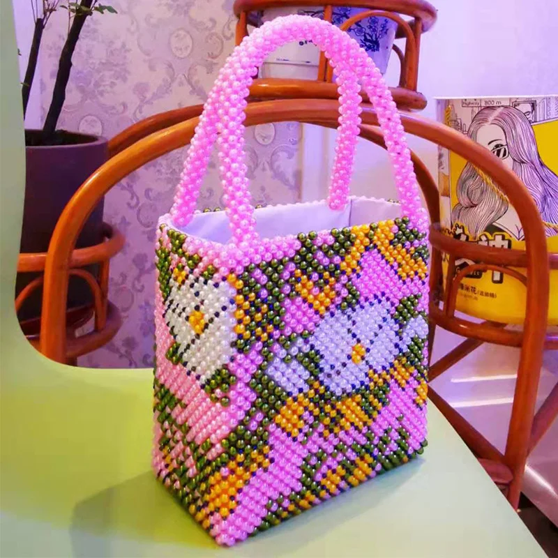 New Pearl Handmade Fashion Colorful Pattern Woven Retro Beaded Bag Large Capacity Beach Summer Designer Handbags High Quality