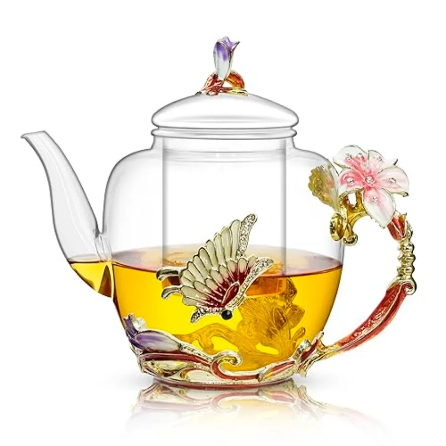 

Lily Flower Enamel Glass Teapot - 46oz/1300ml, Floral Teapot With Removable Loose Tea Leaf Infuser