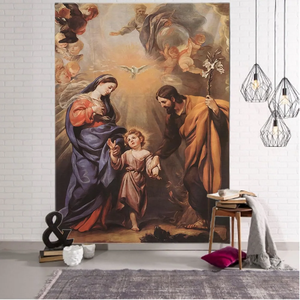 

Vintage oil painting tapestry Christmas scene Jesus angel Easter wall hanging Christ art home living room bedroom decoration