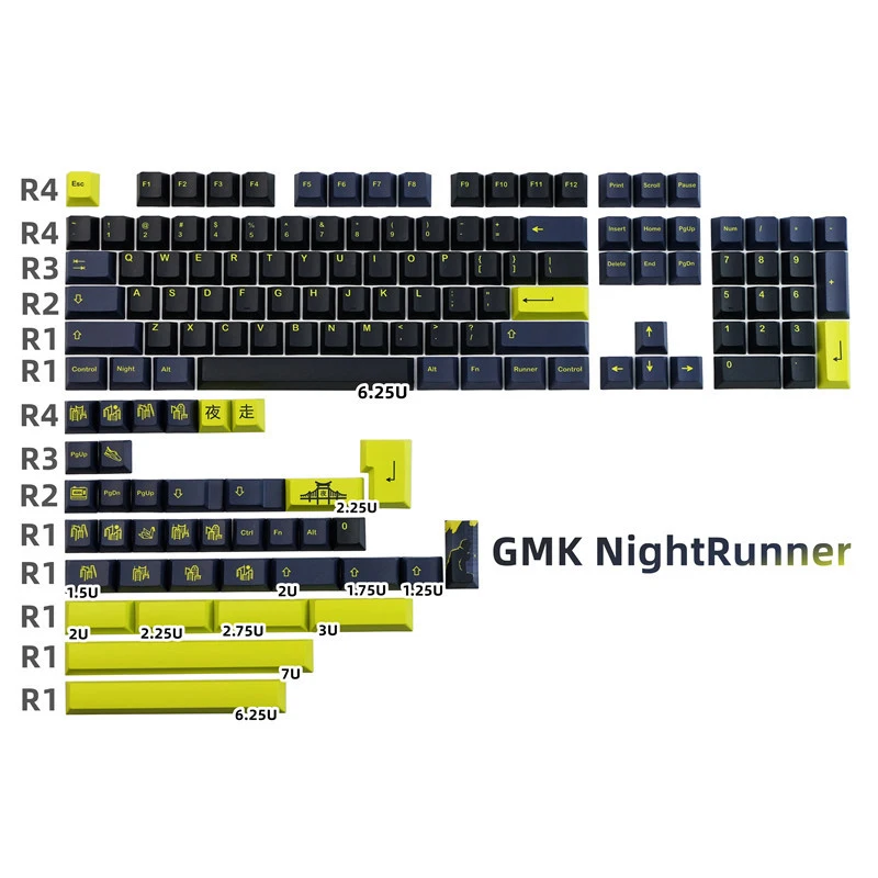 

142Keys GMK NightRunner Keycaps PBT Dye Subbed Key Caps Cherry Profile Keycap With 2.25U 2.75U 3U 7U Spacebar ISO Enter