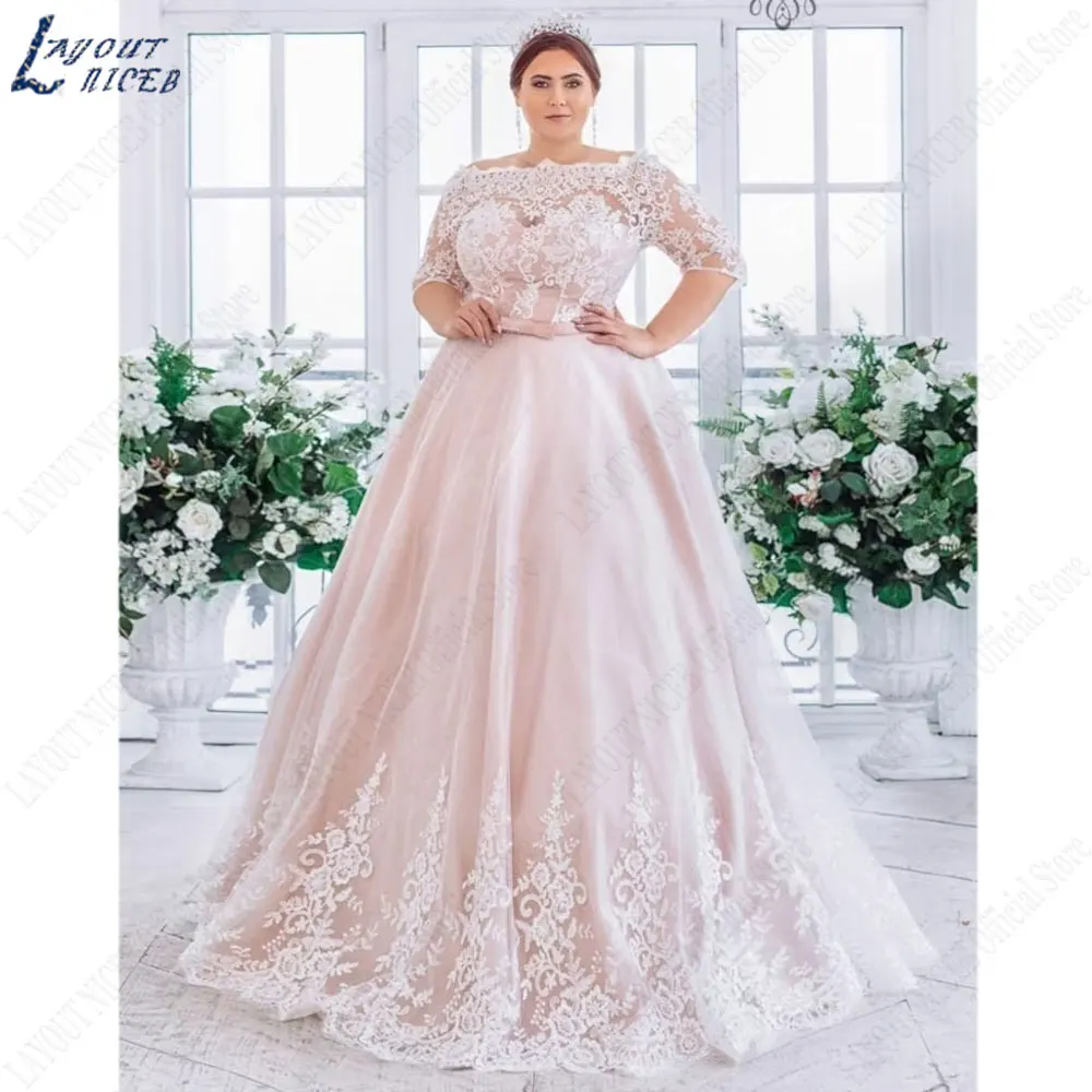 LAYOUT NICEB Lace Appliques Plus Size abiti da sposa mezza manica abiti da sposa Back Lace Up a-line Tulle Custom Made vestido 2024LAYOUT NICEB Lace Appliques Plus Size abiti da sposa mezza manica abiti da sposa Back L