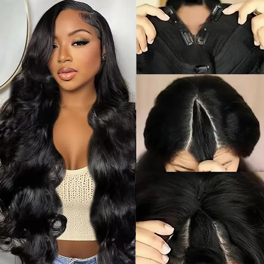 Parrucca con riga a V, densità 220%, capelli umani, onde naturali, modello brasiliano, realizzata con macchina, per donne, parrucca completa con clip, lunghezza 30 o 32 pollici.