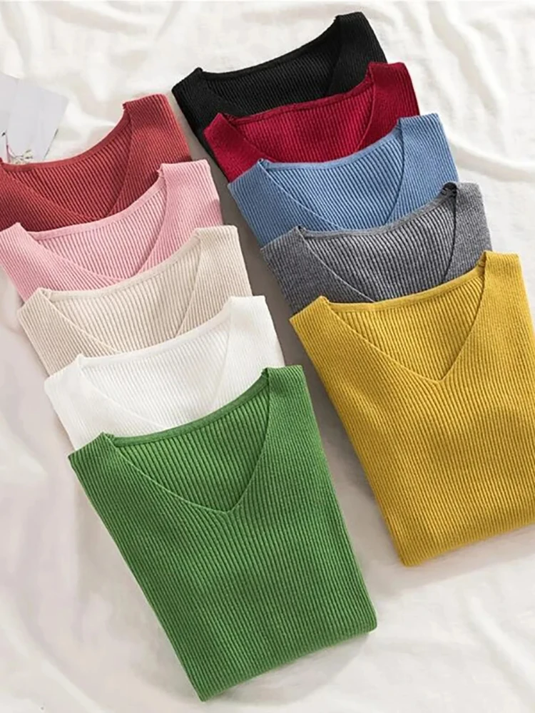 

2026 New Women Sweater Autumn Winter Long Sleeve Pullover Basic Top Fashion V-neck Elastic Female Winter Solid Knitted Jumper