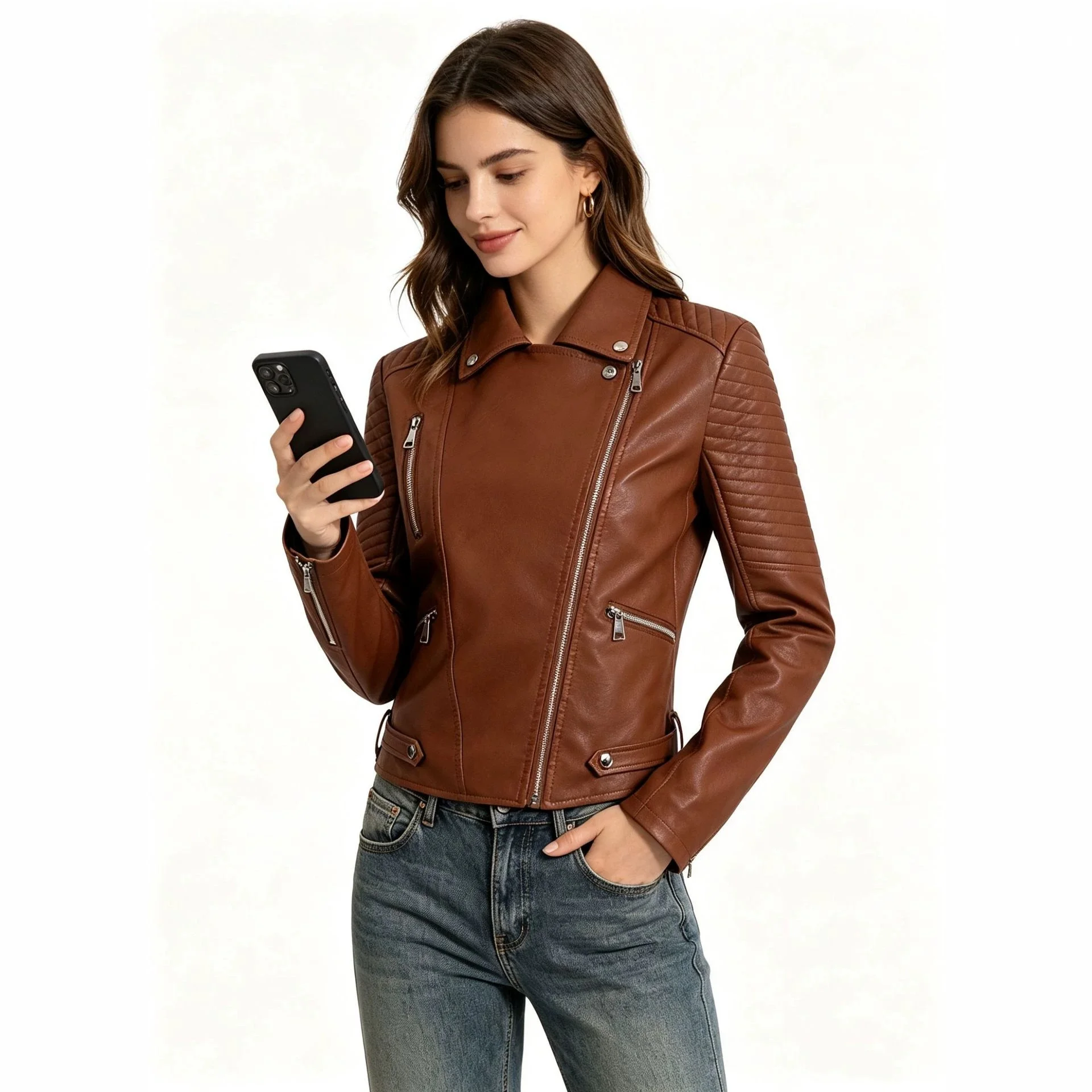 Women's European Size Thin Leather Jacket Slim Fit Trendy Wash Casual Autumn Winter Outerwear