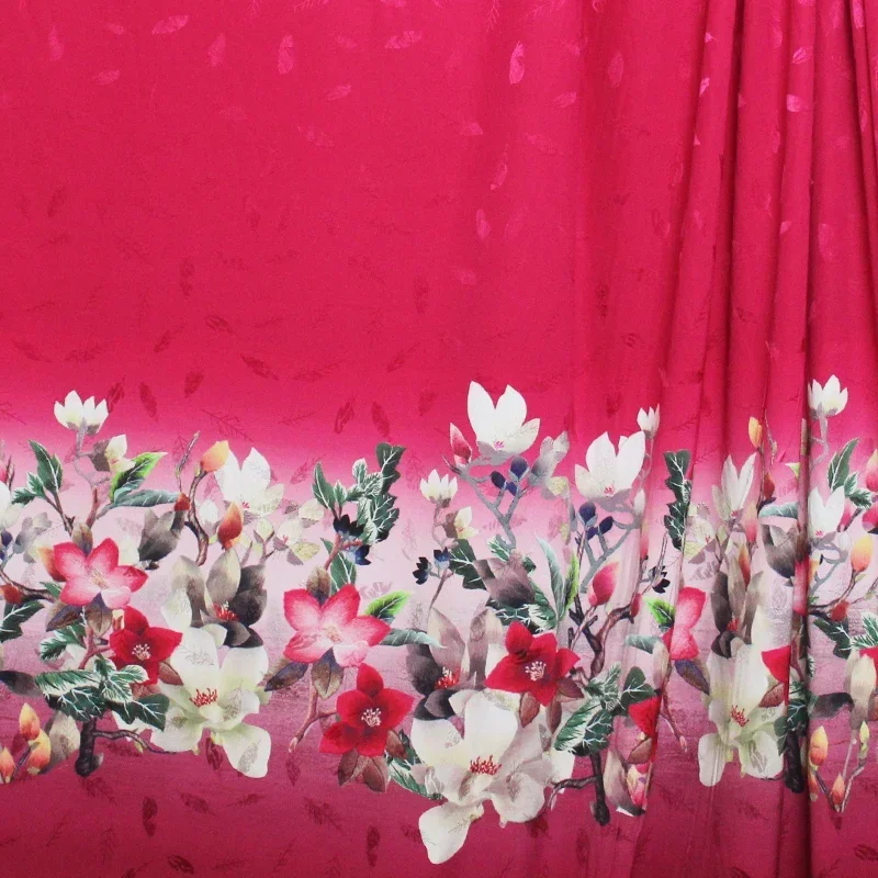 

Redraspberry 21momme Red Flowers Printed Jacquard Satin Silk Fabric 100%Silk Material Women Dress Sewing Cloth Freeshipping