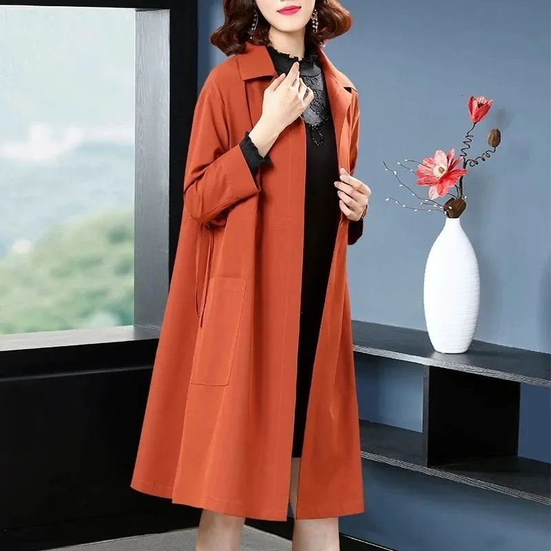 Autumn Women Solid Color Windbreaker Jacket Korean Lady Medium Long Styles Trench Coat 2025 Female Large Size 4XL Lined Outwear