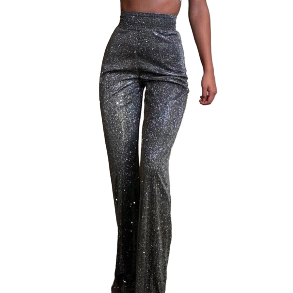 High Waisted Glitter Pants Fall Winter Outfit Women 2022 Silver Sparkly Flare Sequined Trousers Party Night Clubwear