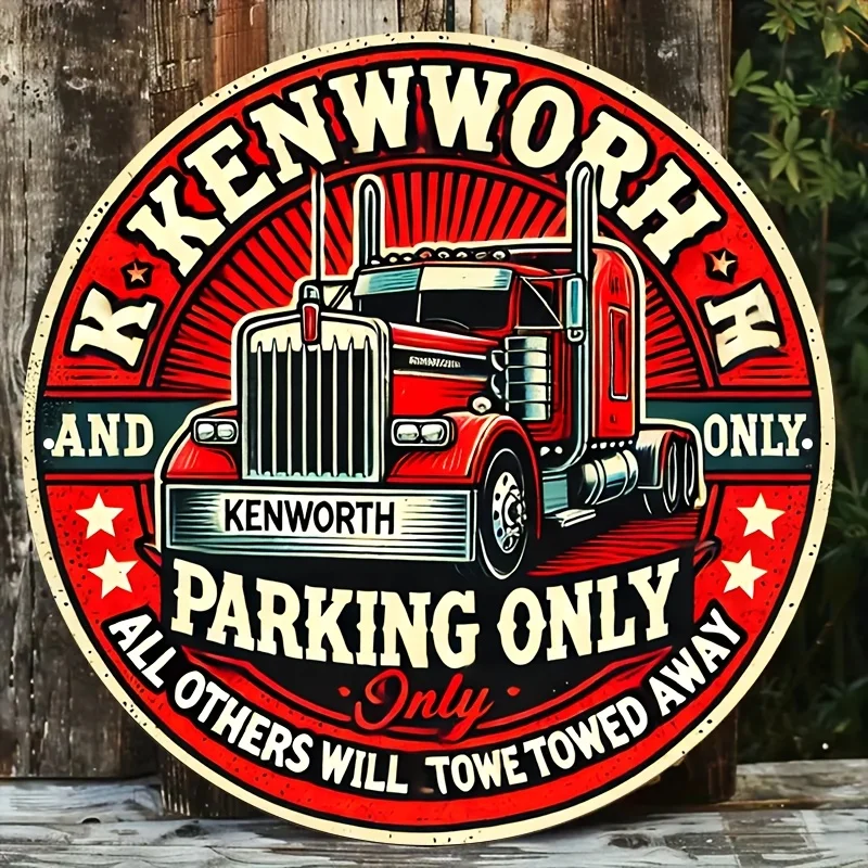 Retro Kenworth Truck Parking Only HD Print Metal Tin Sign – Featuring Vintage Circular Design with Bold Red & Black Color Scheme