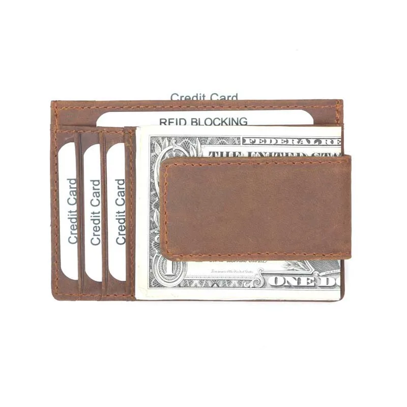 Men Vintage Top Layer Crazy Horse Genuine Leather Card Holder Multi Card Slots RFID Blocking Magnetic Snap Cash Clip Card Wallet
