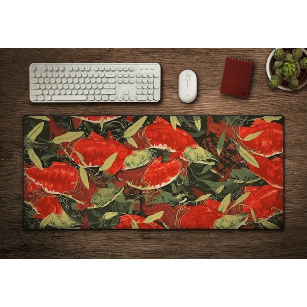 Tapis de table rouge saumon : œuvre d'art originale, design avec coutures sur les bords, tapis de souris extra large, organiseurs de bureau et plateaux, tapis de souris