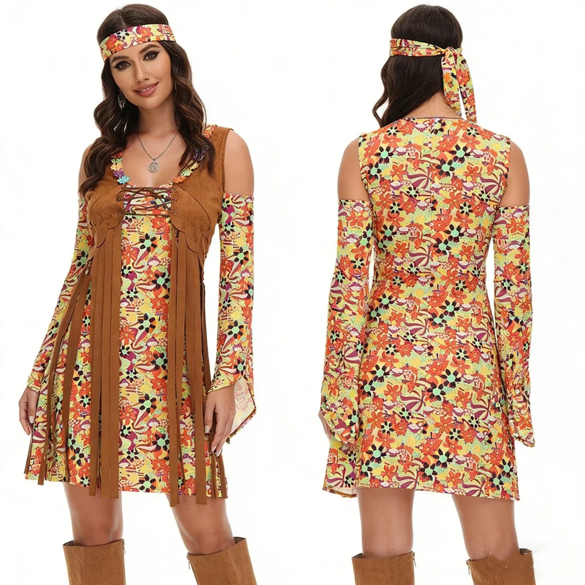 

Halloween Retro Indian Tassels Tribe Princess Performance Party Costume 60s 70s Rock Disco Hippie Show Cosplay Dress