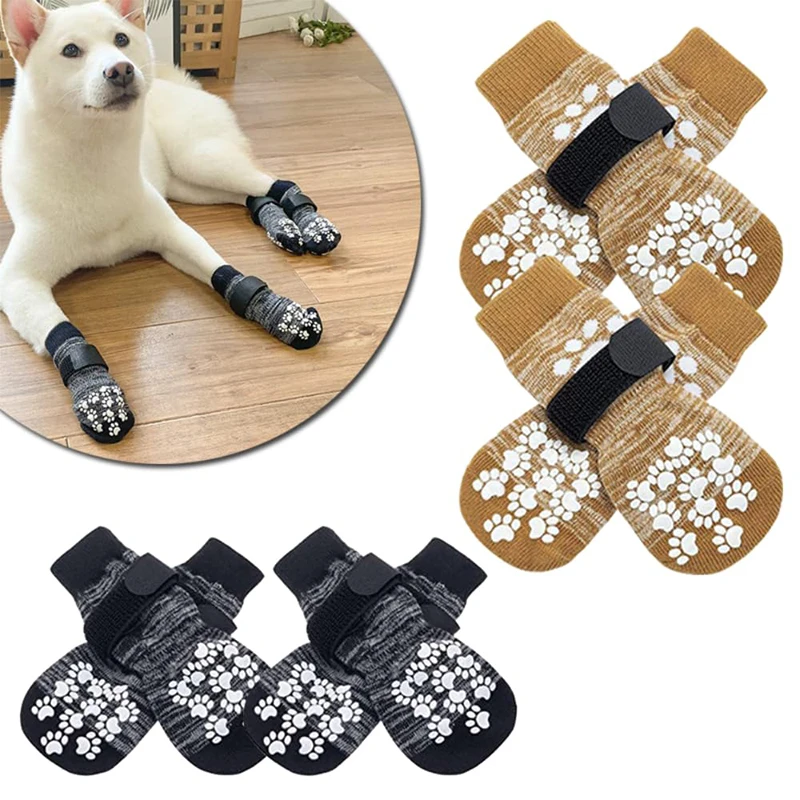 4PCS Fashion Pet Socks Dog Socks Breathable Anti-Slip Foot Covers Dog Socks With Adjustable Strap Strong Grips Traction Control