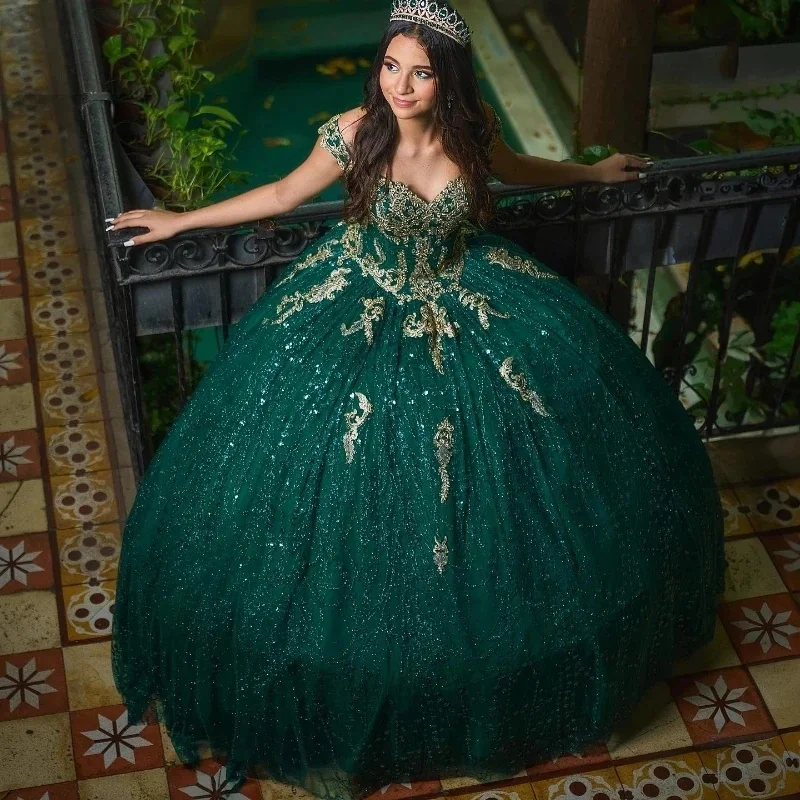 Vestido De quinceañera con tirantes finos, color verde esmeralda, con purpurina y hombros descubiertos, con lentejuelas, dulce 16 mexicano, Vestido De 15 anos personalizado