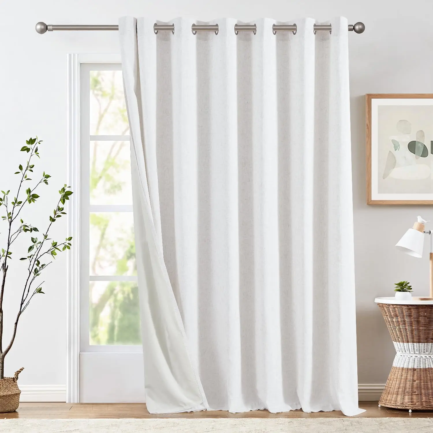 

White Linen Curtains for Living Room Bedroom Lined Curtains 96 Inches Long 100W x 96L Extra Wide Room Divider Curtain Pa