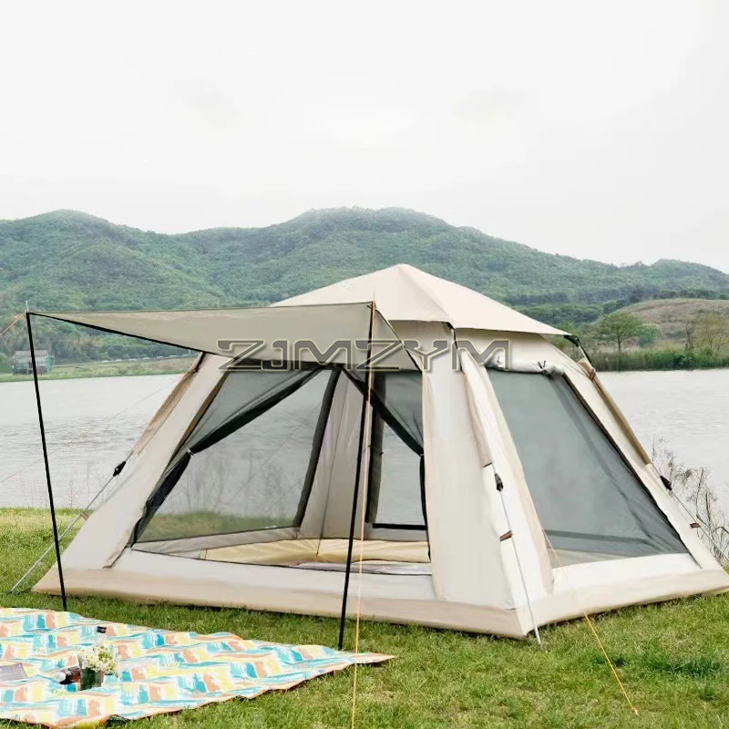 Camping Tent with Rainfly, 3-6 Person Tent Auto Open, 4 Sides Mesh Window, Weatherproof Tent for Camping, Festivals, Backyard