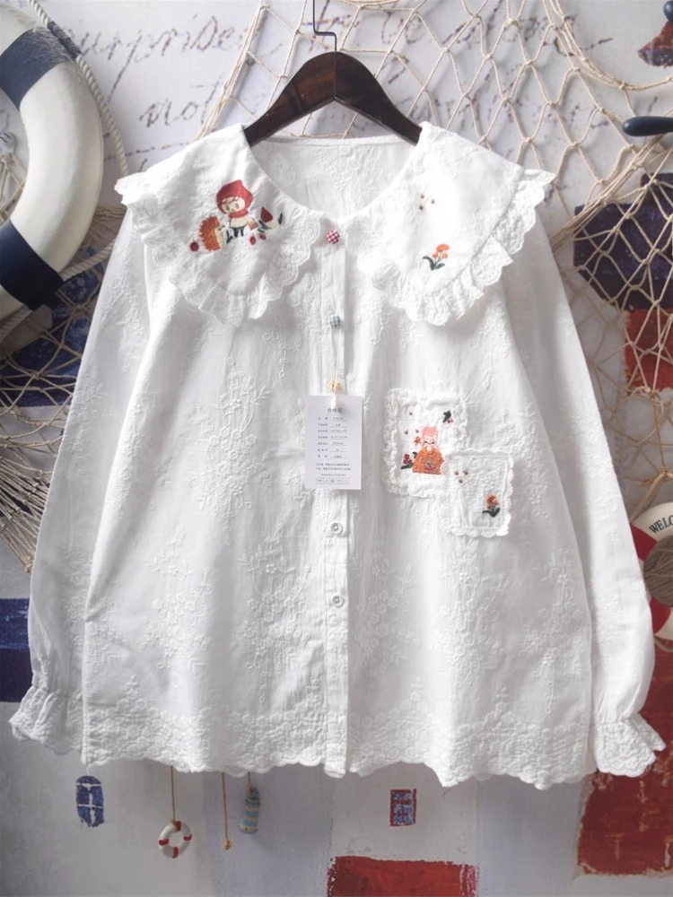 

Japanese Kawaii Shirts Peter Pan Collar Long Sleeve Lace Cartoon Embroidery Blouses 2025 New Tops Preppy Style Women's Clothing