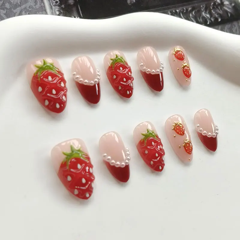 10Pcs Women French Style 3D Strawberry Gold Red and Plaid Bowknot Press on Nails Short Almond Fresh Nails Patch False Nails Art view 3