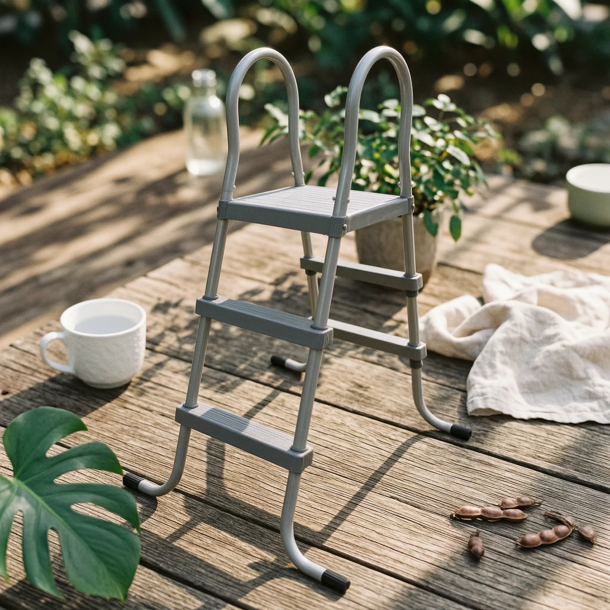 Cylindrical Frame Pool Ladder Weather-Resistant Above Ground Swimming Ladder Pool Stairs with Deck Platform Long-Lasting Stable