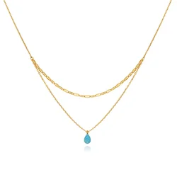 RHYSONG Women Blue Tear Mini Australian Opal Stone Blue Droplet Sparkling Layer Necklace Stainless Steel Plated 18K Gold Jewelry