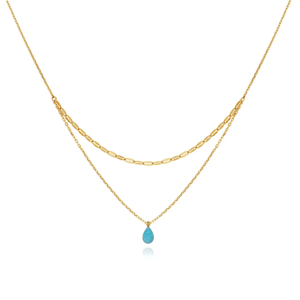 RHYSONG Women Blue Tear Mini Australian Opal Stone Blue Droplet Sparkling Layer Necklace Stainless Steel Plated 18K Gold Jewelry