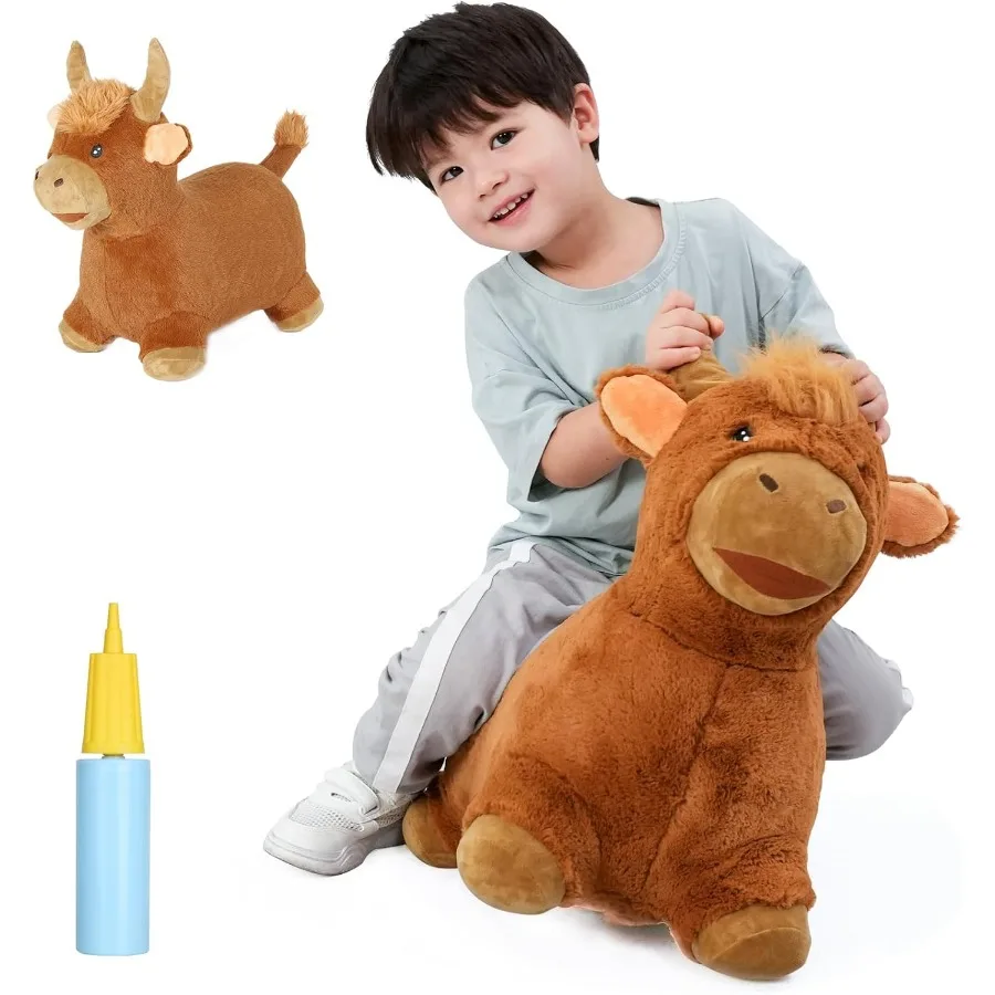 INPANY Skaczące Zabawki - Pluszowa Krowa dla Maluchów, Brązowa, Nadmuchiwana Zabawka Skacząca w Kształcie Zwierzęcia Gospodarskiego, Koń do Skakania na Zewnątrz i do Wewnątrz, Zabawka do Przebijania się przez Przeszkody