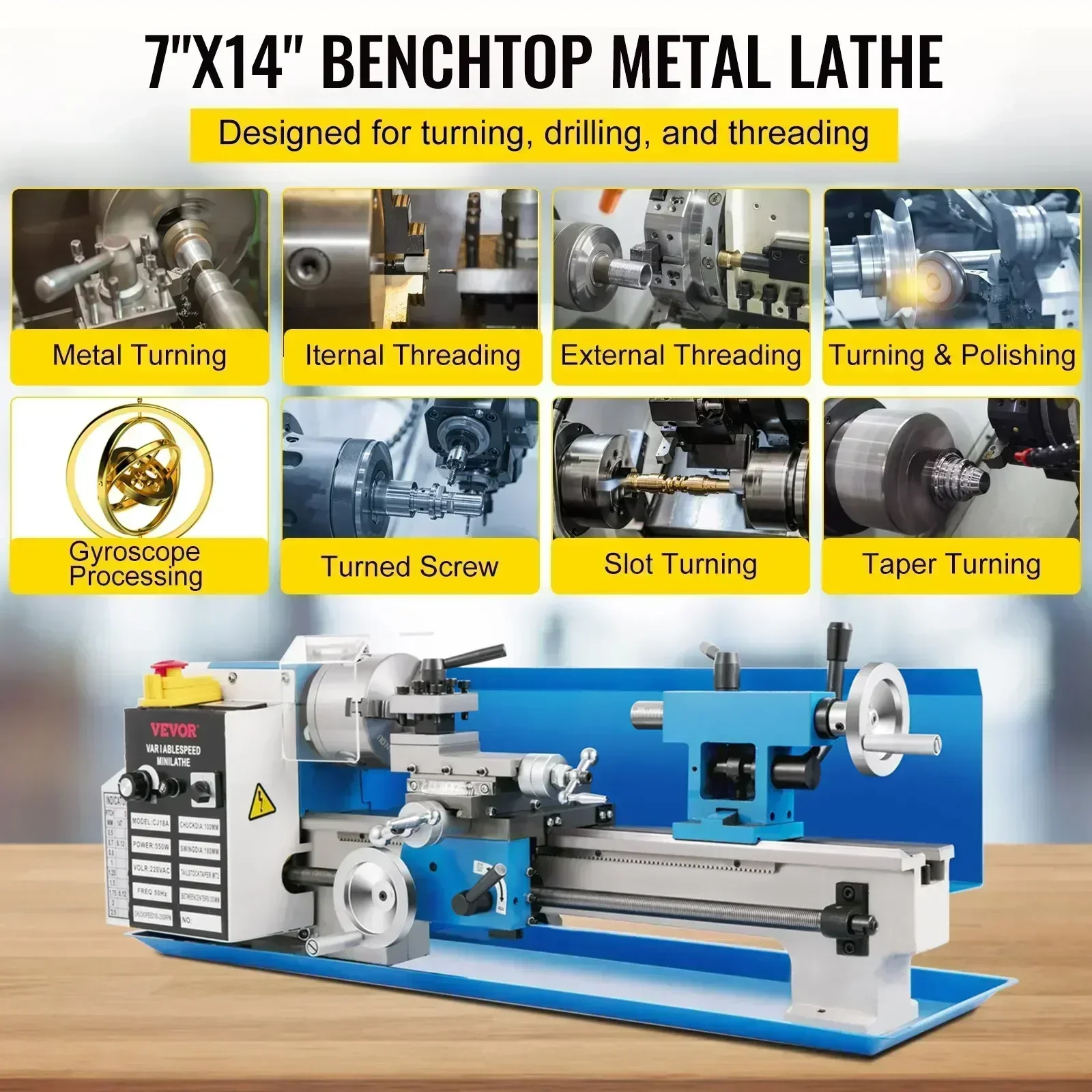 เครื่องกลึงโลหะขนาดเล็ก VEVOR 7x14 นิ้ว 550 วัตต์ สำหรับงานกลึงเกลียวโลหะ ความแม่นยำสูง หัวจับ 3 ขา 4 นิ้ว สำหรับวัตถุทรงเหลี่ยมและทรงกลม