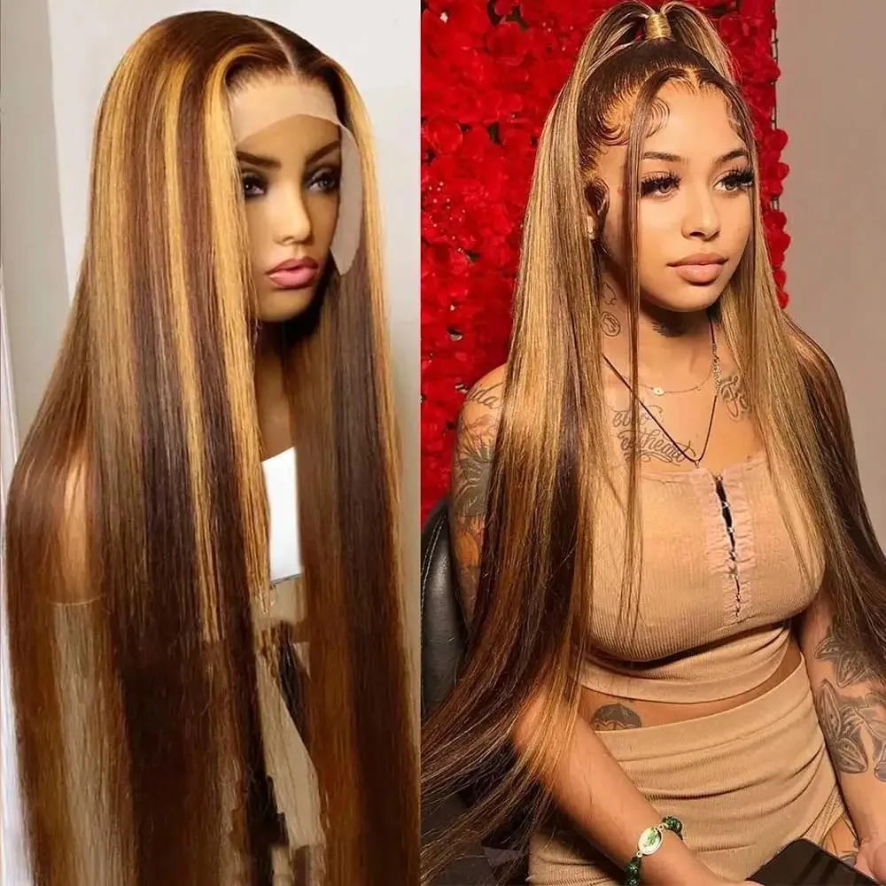 4/27 Highlight Wig 13X4 Hd Lace Frontal Wig Straight Wigs 30 38 Inch Preplucked 200 Density For Women Ombre Brown Wigs