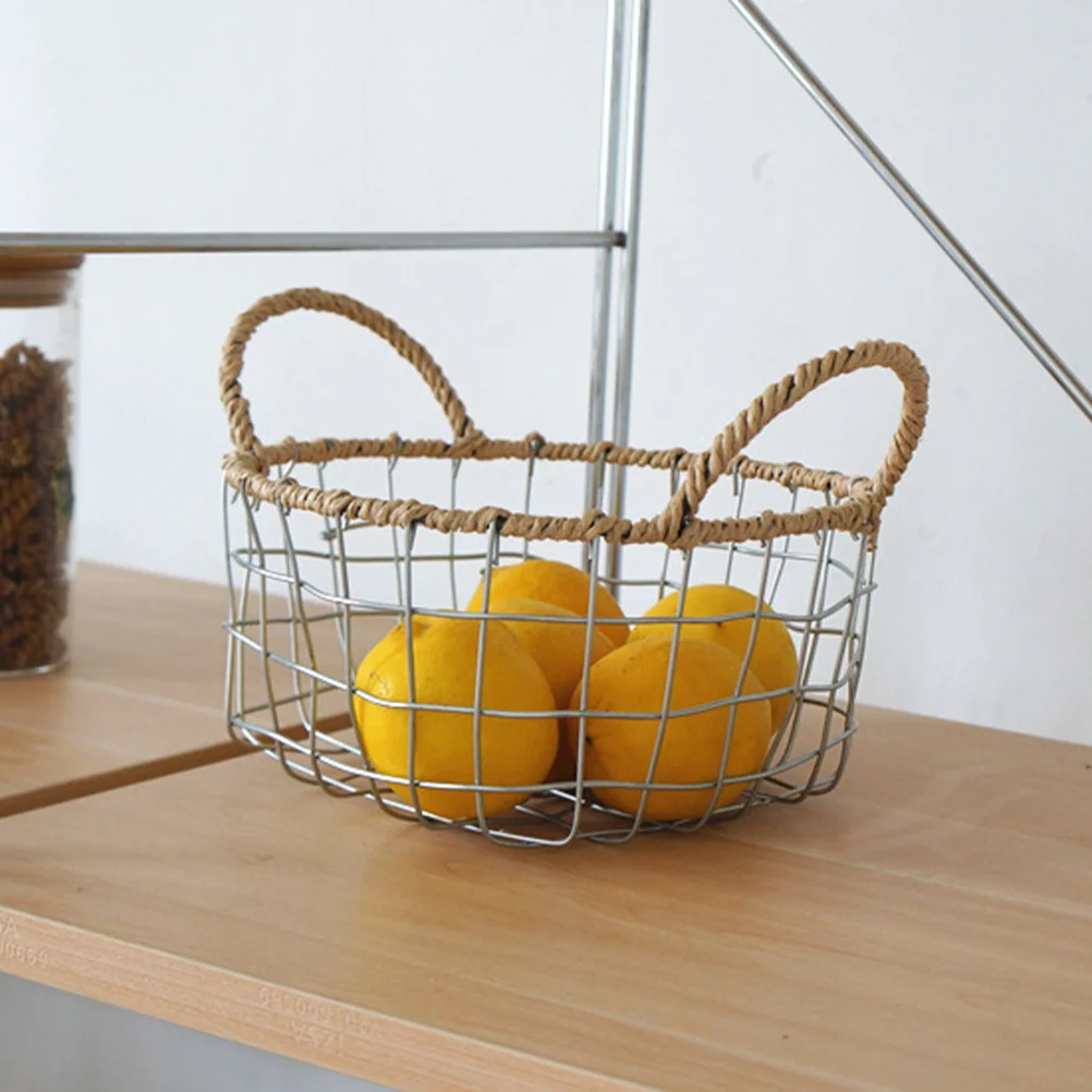 

Snack Storage Basket Iron Woven Metal Fruit Bread Holder Kitchen Pantry Organizer Hollow Room Bedroom Decor Wire