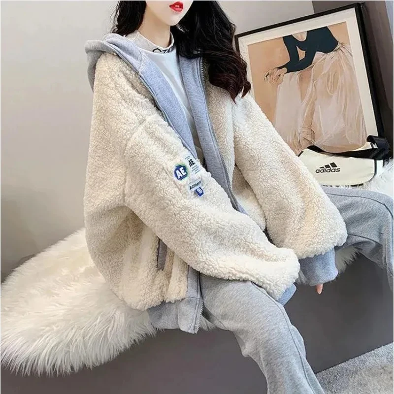 Fashion Imitation Lamb Wool Zipper Coat Woman Hoodie Y2k Clothes Sweatshirt Streetwear Korean Version Autumn Winter Loose Jacket