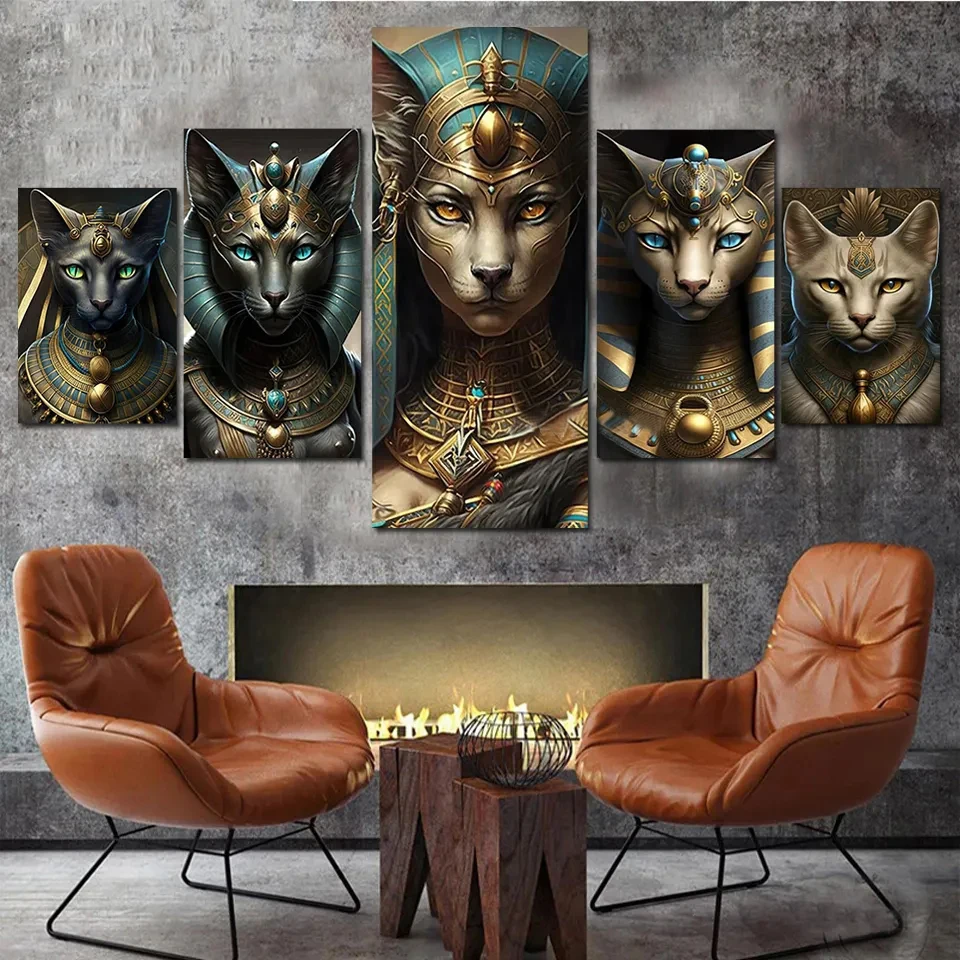 5 Panel Ancient Egyptian Cat Goddess Diamond Painting New Full Diamond Mosaic Portrait Picture Of Rhinestone Home Decor YG4778