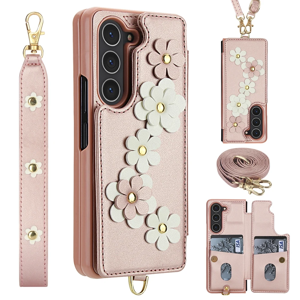 

Кожаный чехол с 3D цветочным ремешком для Samsung Galaxy Z Fold 7, 6, 5, 4, магнитный флип, двухслойный, 4 слота для карт, ремешок через плечо, кошелек