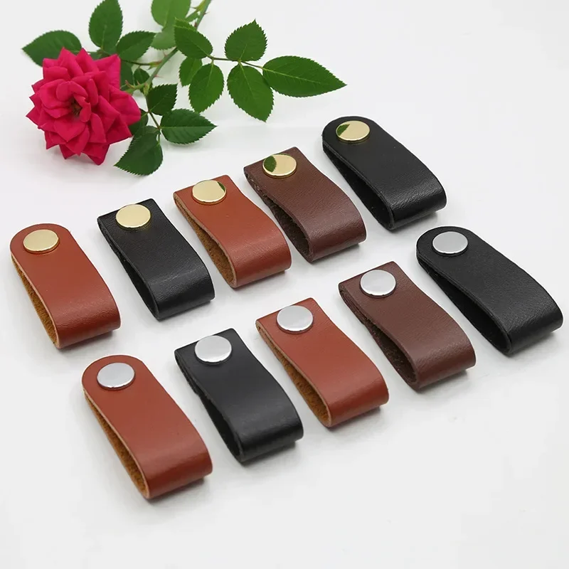 

Cabinet door Drawer Cabinet closet door leather handle Brown leather single-hole metal button leather handle