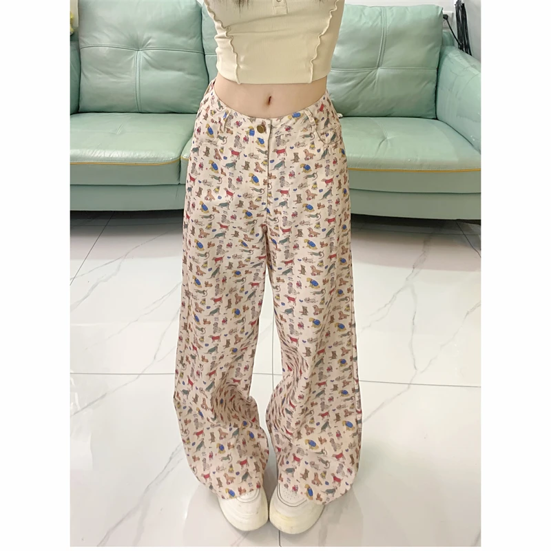 

Women's Spring Summer Cartoon Dog Full Print Wide Leg Pants Lady Cute Pattern High Waist Loose Straight Full Length Pants