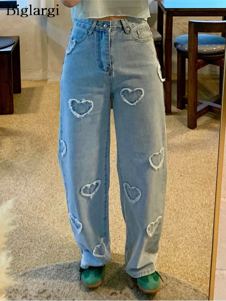 

Jeans Spring Pant Women Love Embroidery Fringe Fashion Ladies Trousers Korean Style Loose Pleated Wide Leg Woman Long Pants