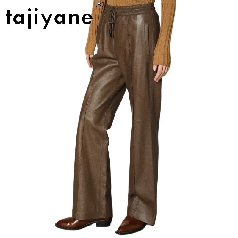 TAJIYANE Real Leather Pants Woman Sheepskin Straight Pants of Women Slimming Elastic Waist Office Lady Wide-leg Trousers Штаны